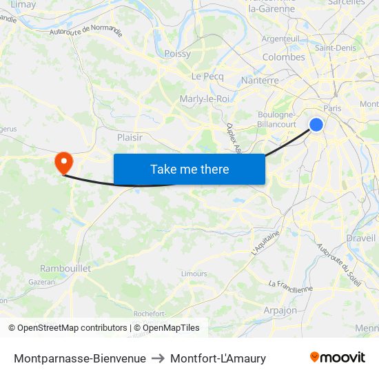 Montparnasse-Bienvenue to Montfort-L'Amaury map