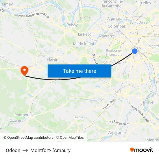 Odéon to Montfort-L'Amaury map