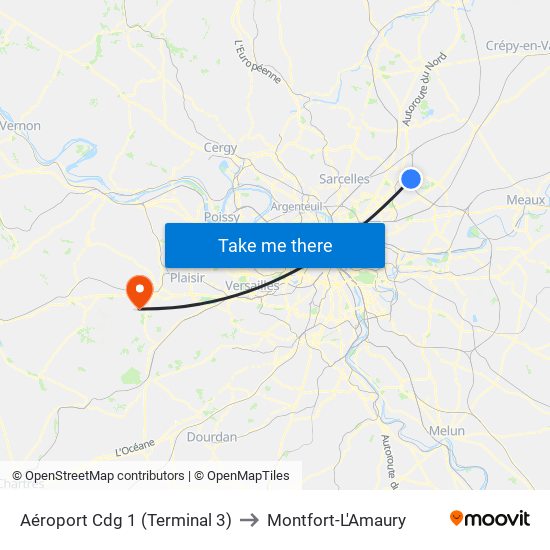 Aéroport Cdg 1 (Terminal 3) to Montfort-L'Amaury map