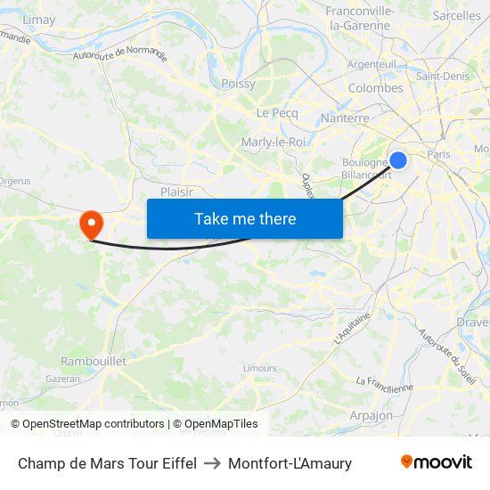 Champ de Mars Tour Eiffel to Montfort-L'Amaury map