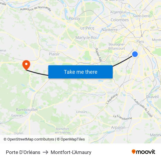 Porte D'Orléans to Montfort-L'Amaury map