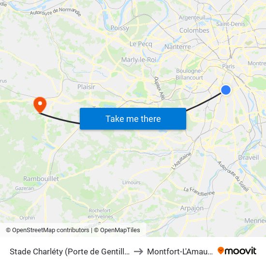 Stade Charléty (Porte de Gentilly) to Montfort-L'Amaury map