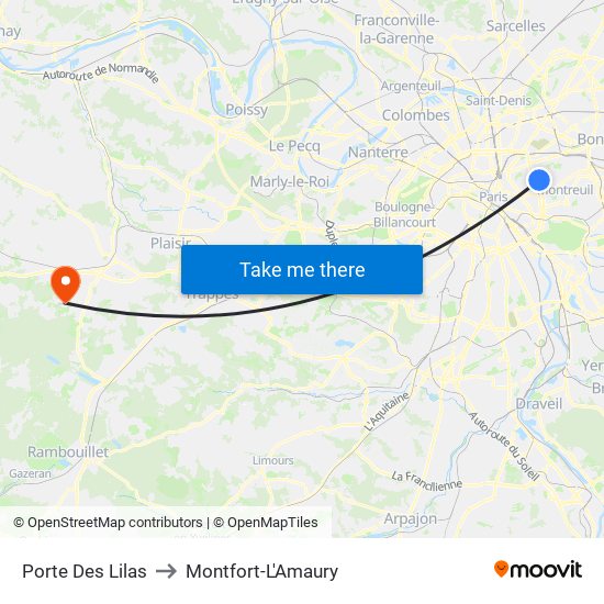 Porte Des Lilas to Montfort-L'Amaury map