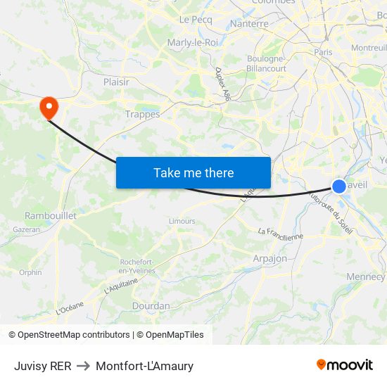 Juvisy RER to Montfort-L'Amaury map