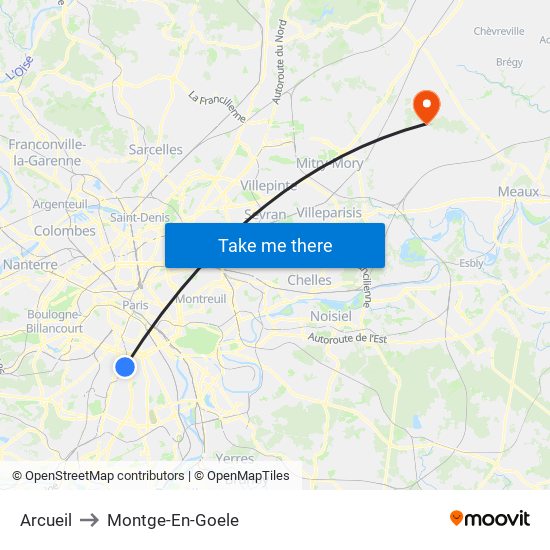 Arcueil to Montge-En-Goele map