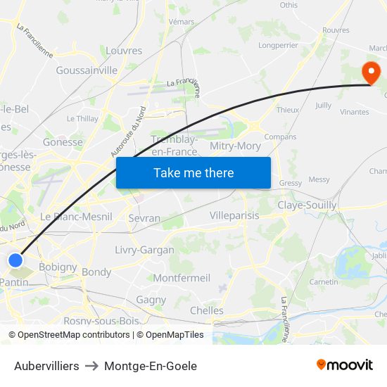 Aubervilliers to Montge-En-Goele map