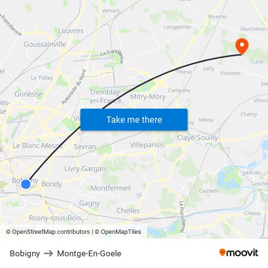 Bobigny to Montge-En-Goele map