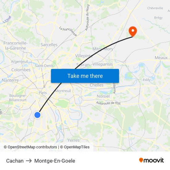Cachan to Montge-En-Goele map