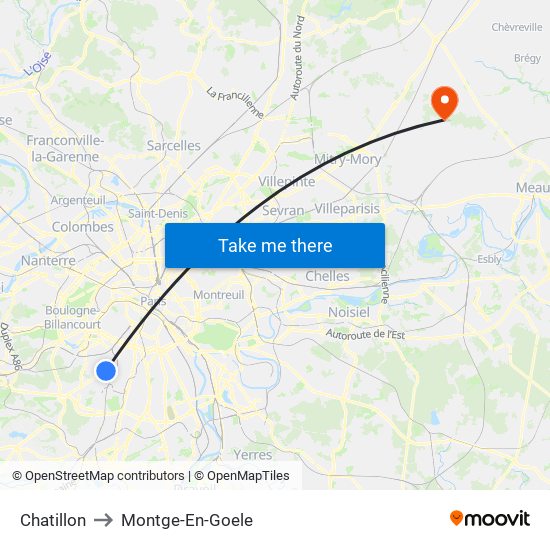 Chatillon to Montge-En-Goele map