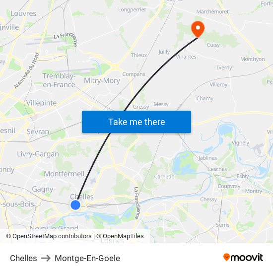 Chelles to Montge-En-Goele map