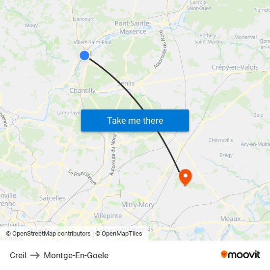 Creil to Montge-En-Goele map