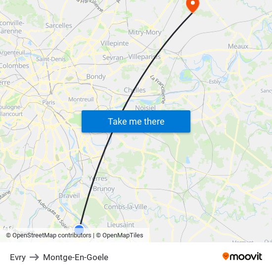 Evry to Montge-En-Goele map