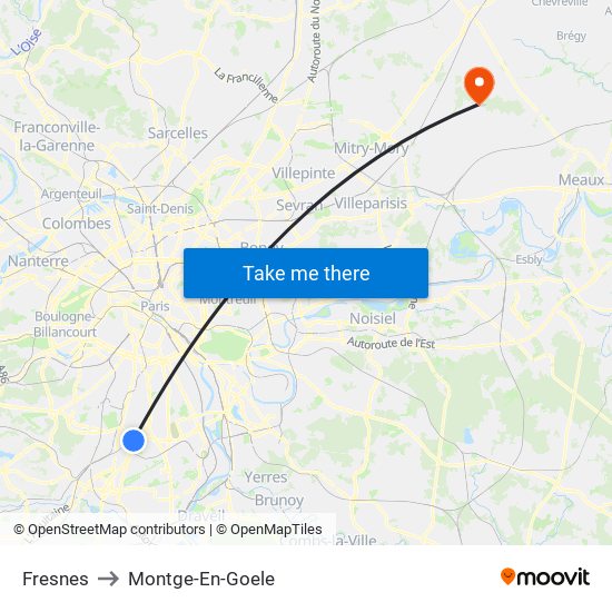 Fresnes to Montge-En-Goele map