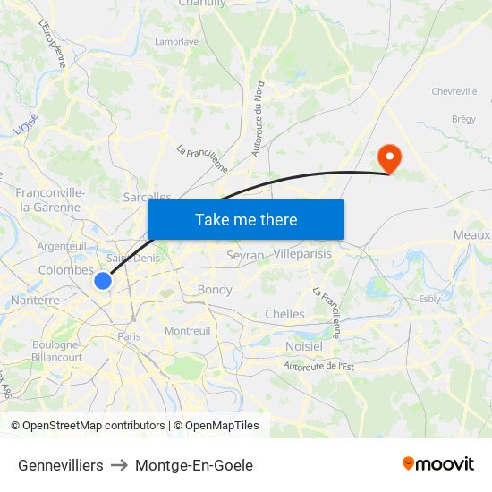 Gennevilliers to Montge-En-Goele map
