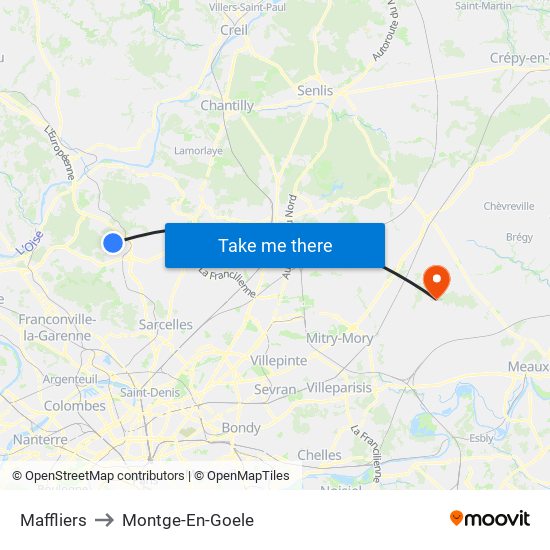 Maffliers to Montge-En-Goele map
