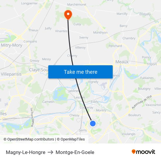 Magny-Le-Hongre to Montge-En-Goele map