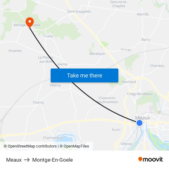 Meaux to Montge-En-Goele map