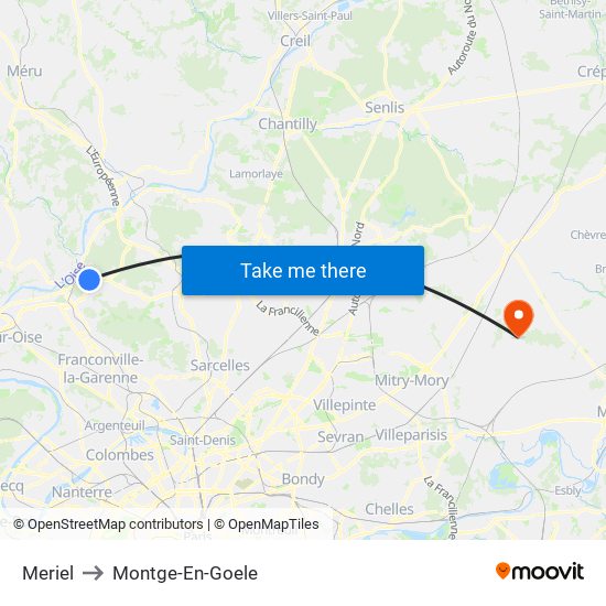 Meriel to Montge-En-Goele map