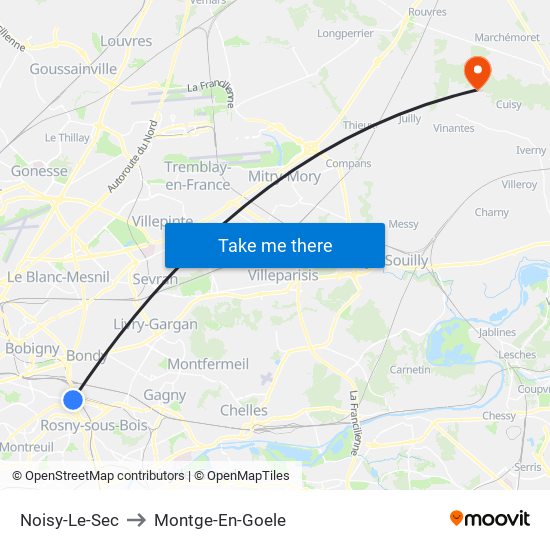 Noisy-Le-Sec to Montge-En-Goele map