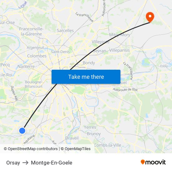 Orsay to Montge-En-Goele map