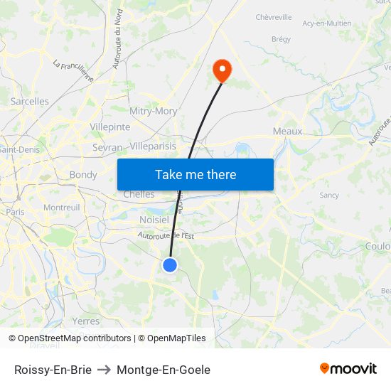Roissy-En-Brie to Montge-En-Goele map