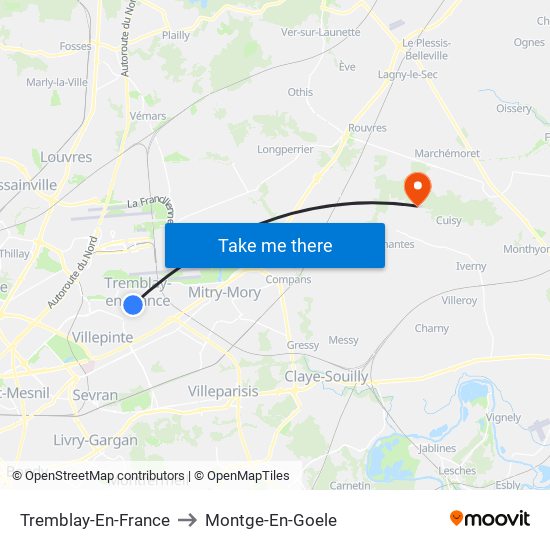 Tremblay-En-France to Montge-En-Goele map