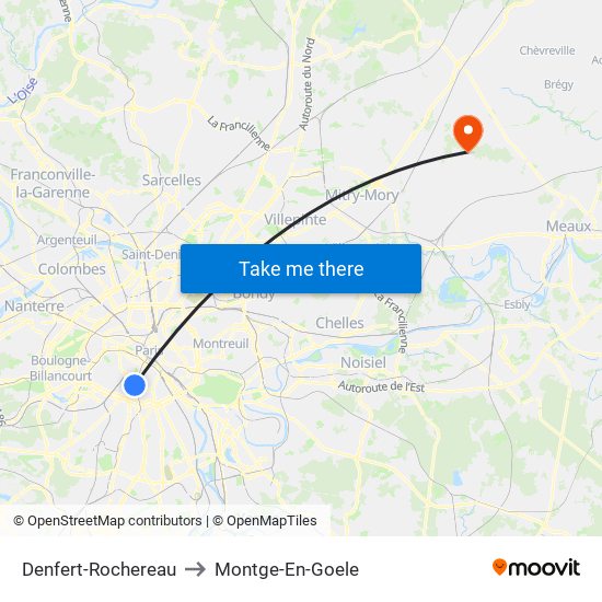Denfert-Rochereau to Montge-En-Goele map