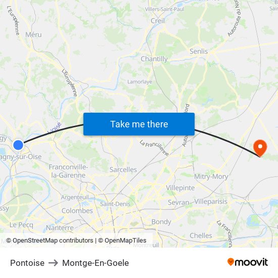 Pontoise to Montge-En-Goele map