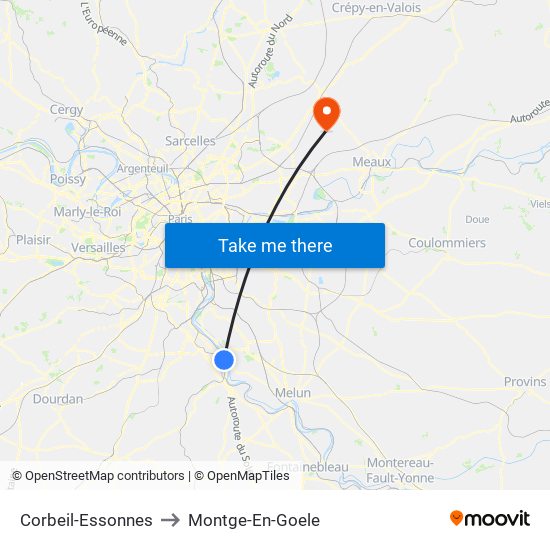 Corbeil-Essonnes to Montge-En-Goele map