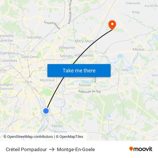 Créteil Pompadour to Montge-En-Goele map