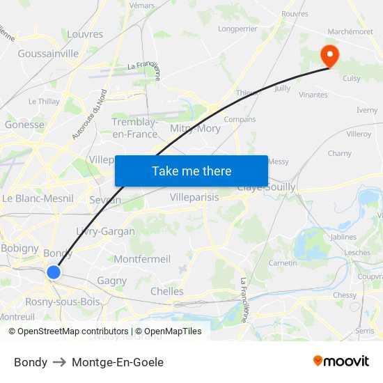 Bondy to Montge-En-Goele map