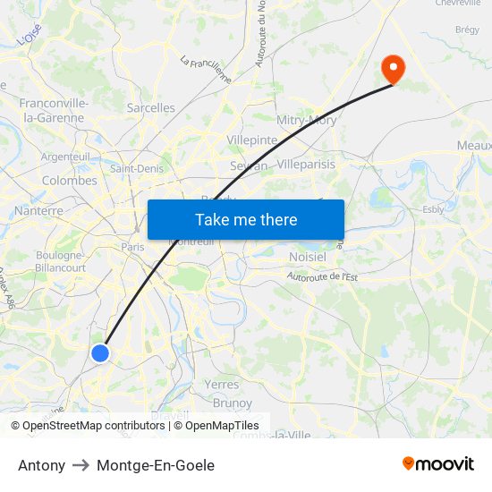 Antony to Montge-En-Goele map