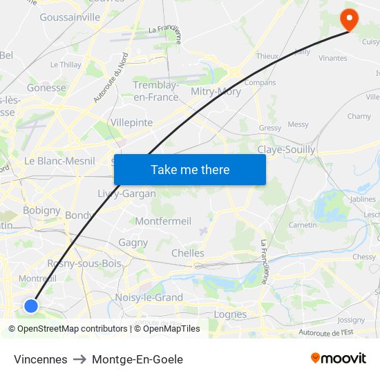 Vincennes to Montge-En-Goele map