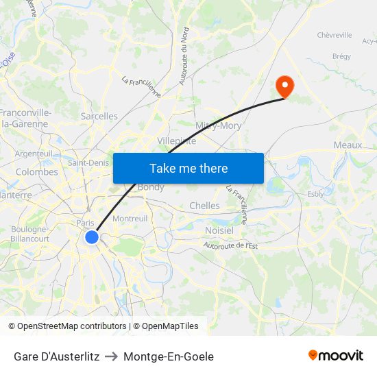 Gare D'Austerlitz to Montge-En-Goele map