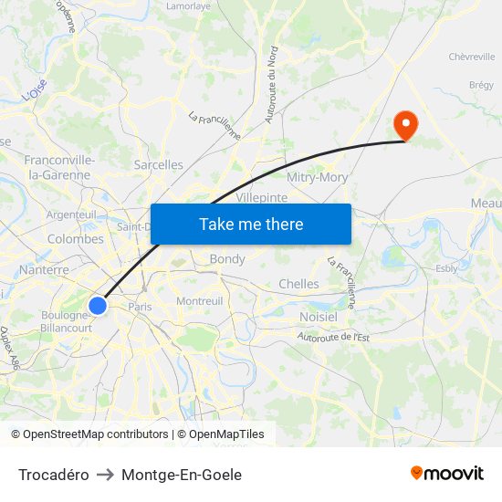Trocadéro to Montge-En-Goele map
