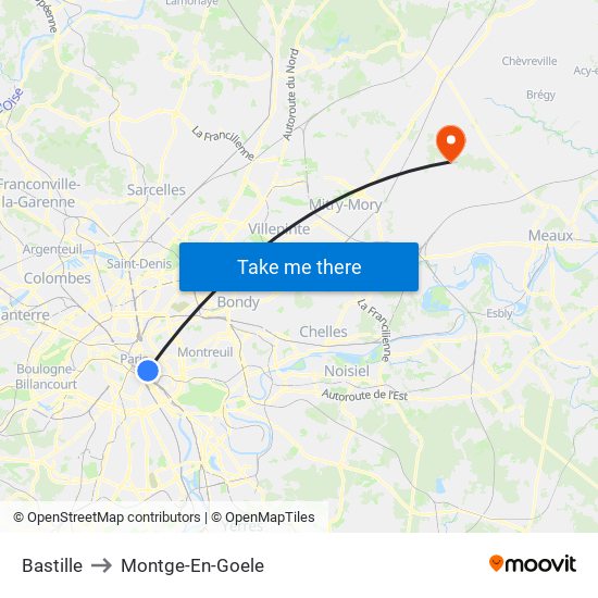 Bastille to Montge-En-Goele map