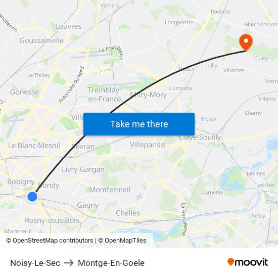 Noisy-Le-Sec to Montge-En-Goele map