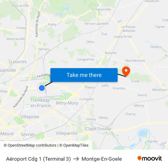 Aéroport Cdg 1 (Terminal 3) to Montge-En-Goele map