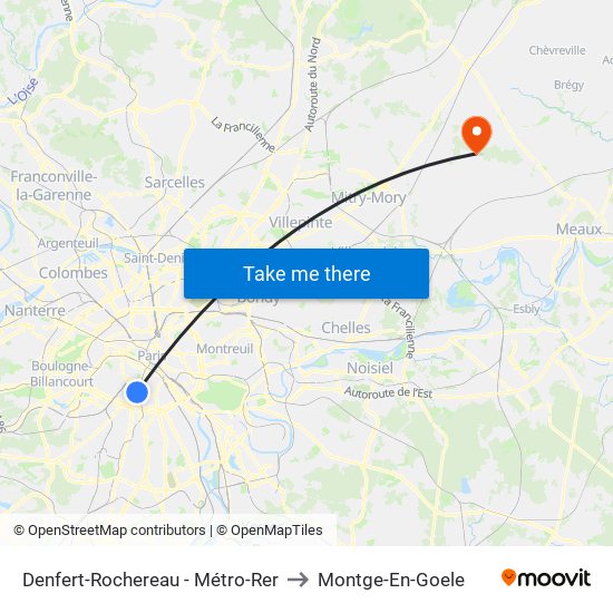 Denfert-Rochereau - Métro-Rer to Montge-En-Goele map