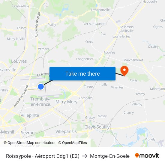 Roissypole - Aéroport Cdg1 (E2) to Montge-En-Goele map