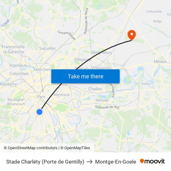 Stade Charléty (Porte de Gentilly) to Montge-En-Goele map