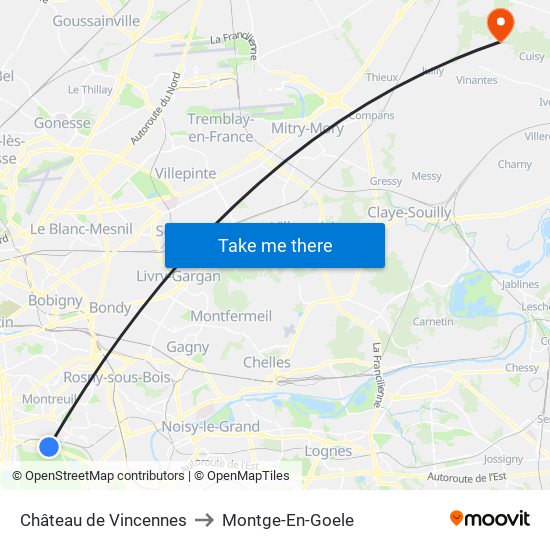 Château de Vincennes to Montge-En-Goele map