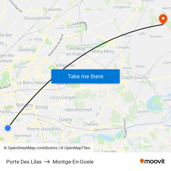 Porte Des Lilas to Montge-En-Goele map