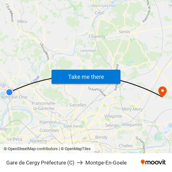 Gare de Cergy Préfecture (C) to Montge-En-Goele map