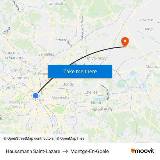 Haussmann Saint-Lazare to Montge-En-Goele map