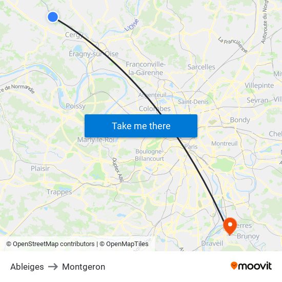 Ableiges to Montgeron map