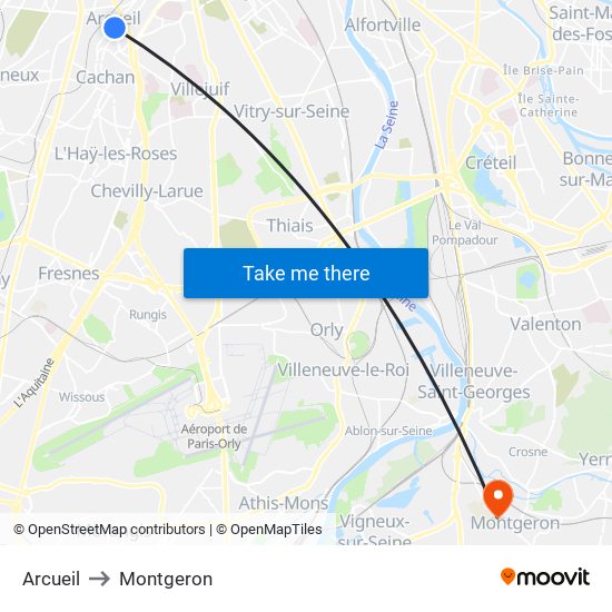 Arcueil to Montgeron map