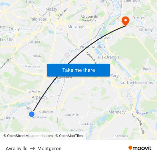 Avrainville to Montgeron map