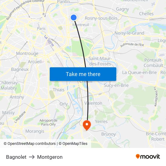 Bagnolet to Montgeron map
