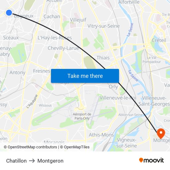 Chatillon to Montgeron map